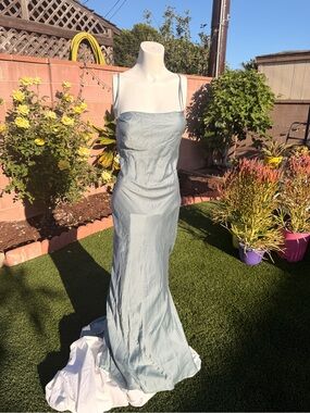 Satin Light Blue Maxi Slip Dress with Spaghetti Straps